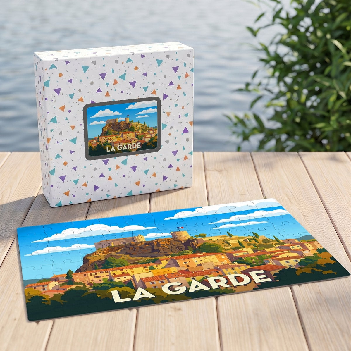 Puzzle souvenir de la ville de La Garde avec une illustration stylisée et sa boîte assortie.