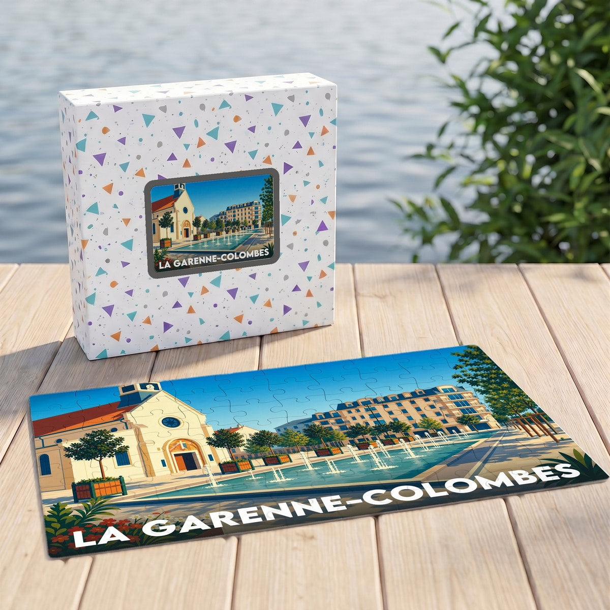 Puzzle souvenir de la ville de La Garenne-Colombes illustrant sa place centrale et son église dans un style graphique épuré.
