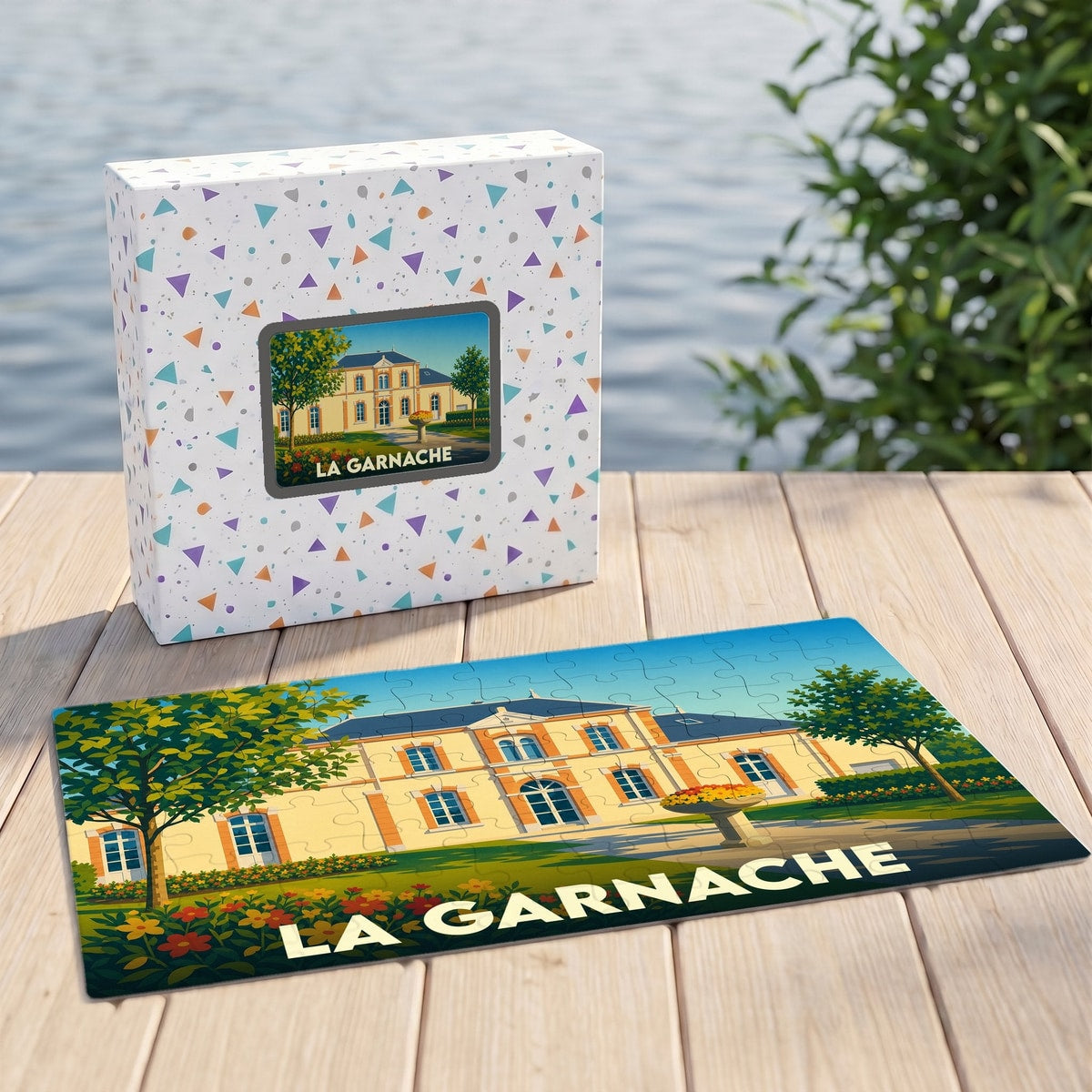 Puzzle souvenir de la ville de La Garnache représentant une illustration stylisée d'un bâtiment historique.