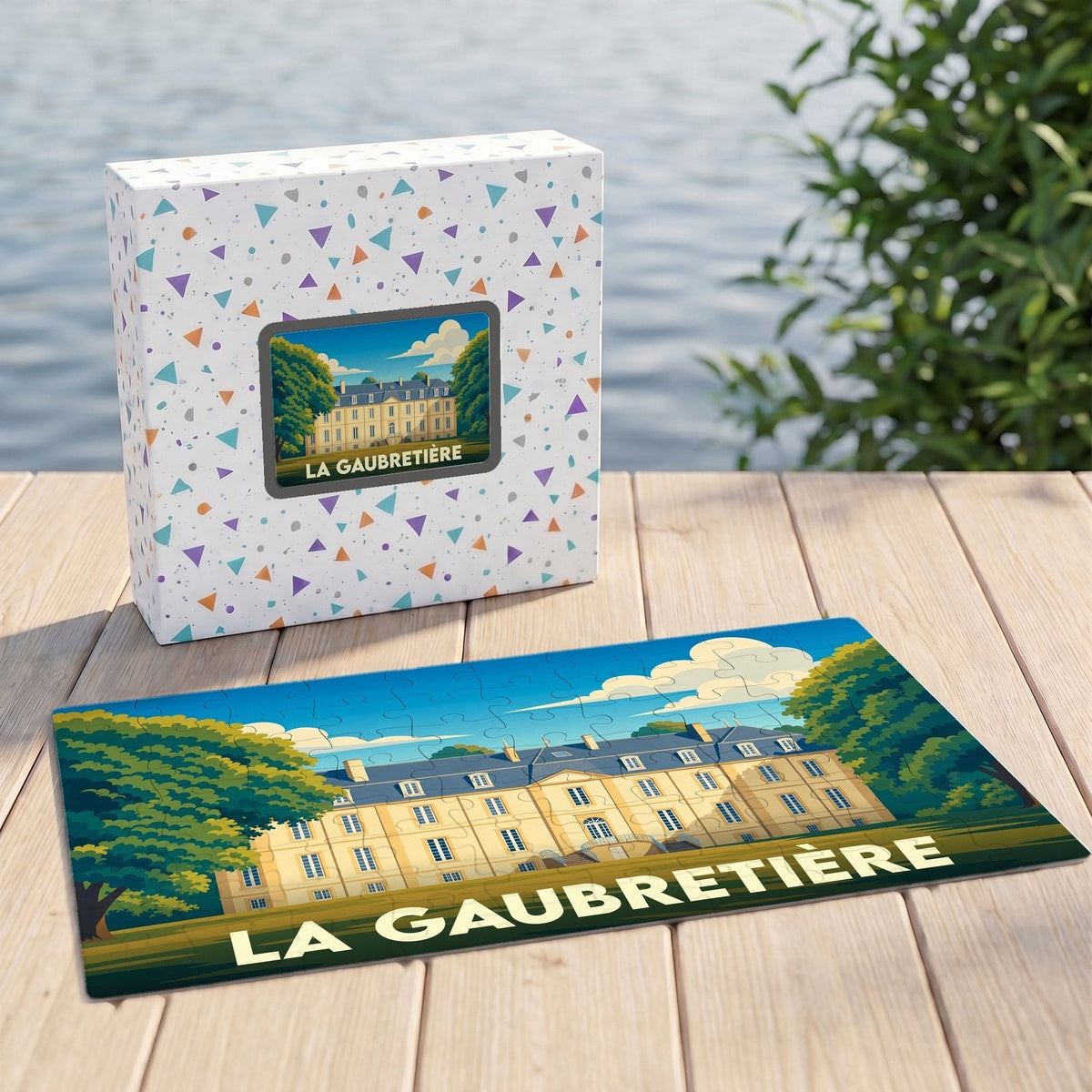 Puzzle souvenir de la ville de La Gaubretière illustré d'un château stylisé devant sa boîte assortie.