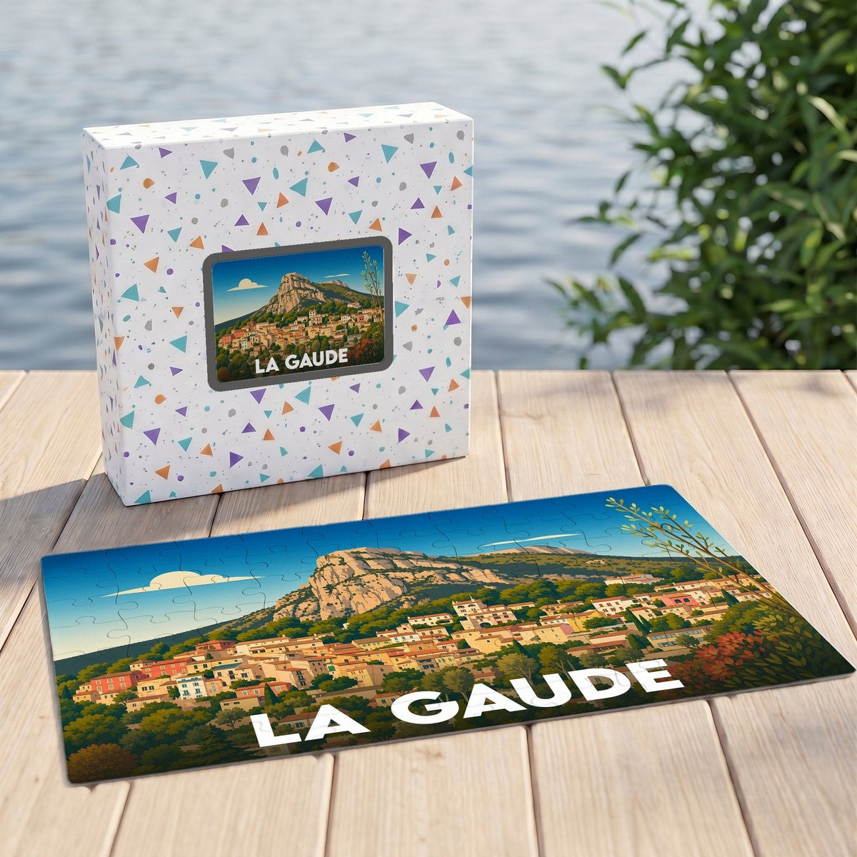 Puzzle souvenir de la ville de La Gaude avec une illustration stylisée de son village perché.