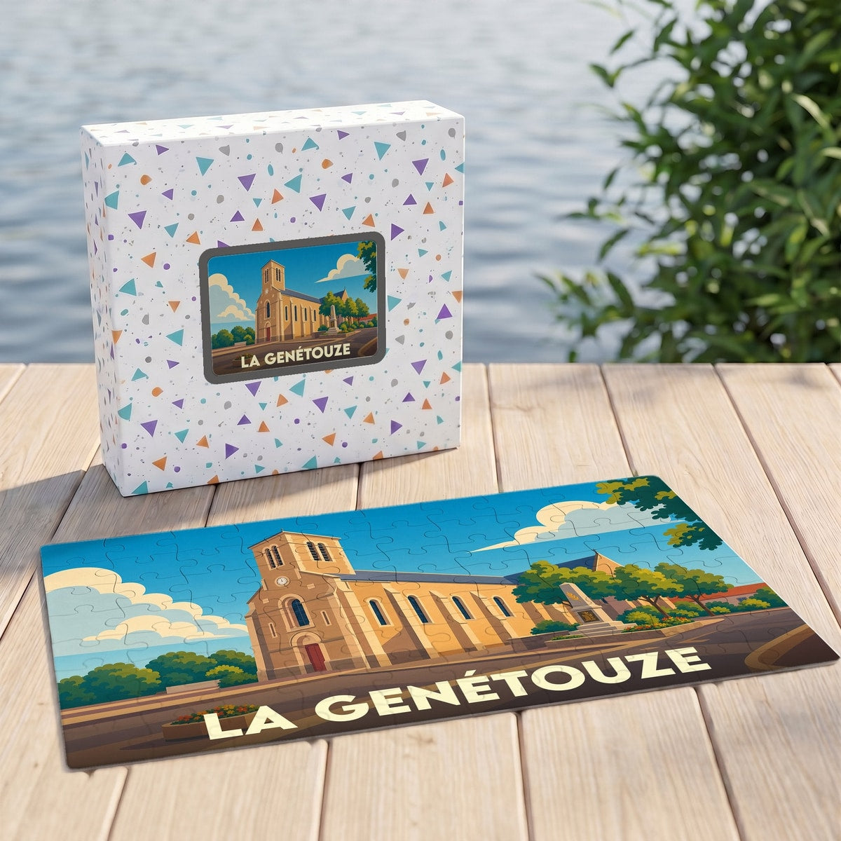 Puzzle souvenir de la ville de La Genétouze avec une illustration stylisée de son église.