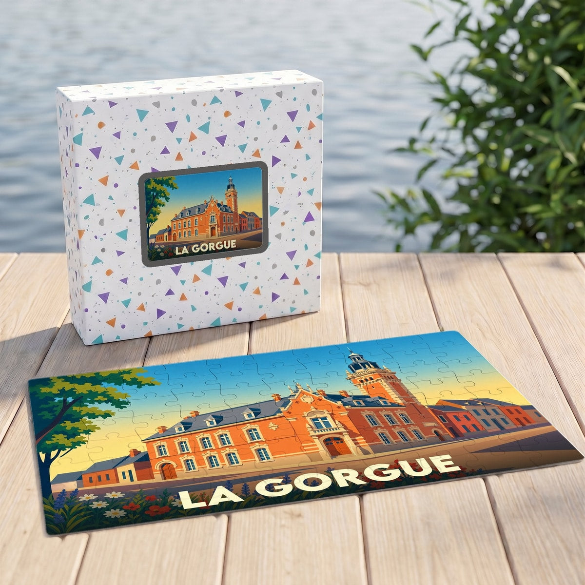 Puzzle souvenir de la ville de La Gorgue avec une illustration stylisée de son hôtel de ville.