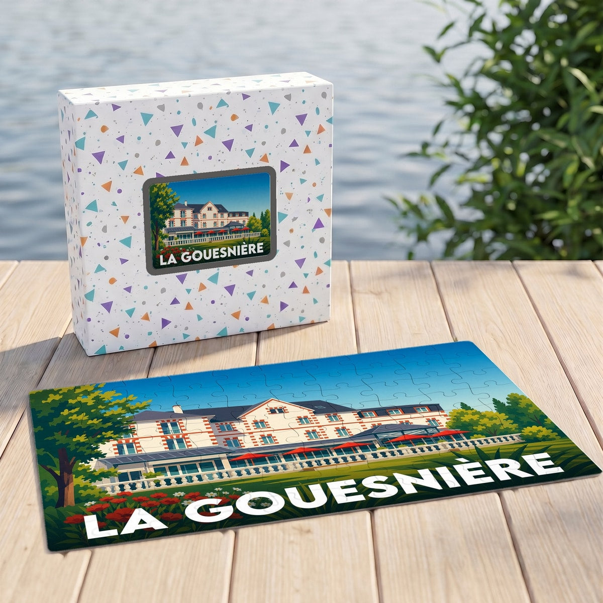 Puzzle souvenir de la ville de La Gouesnière avec une illustration stylisée de son patrimoine.