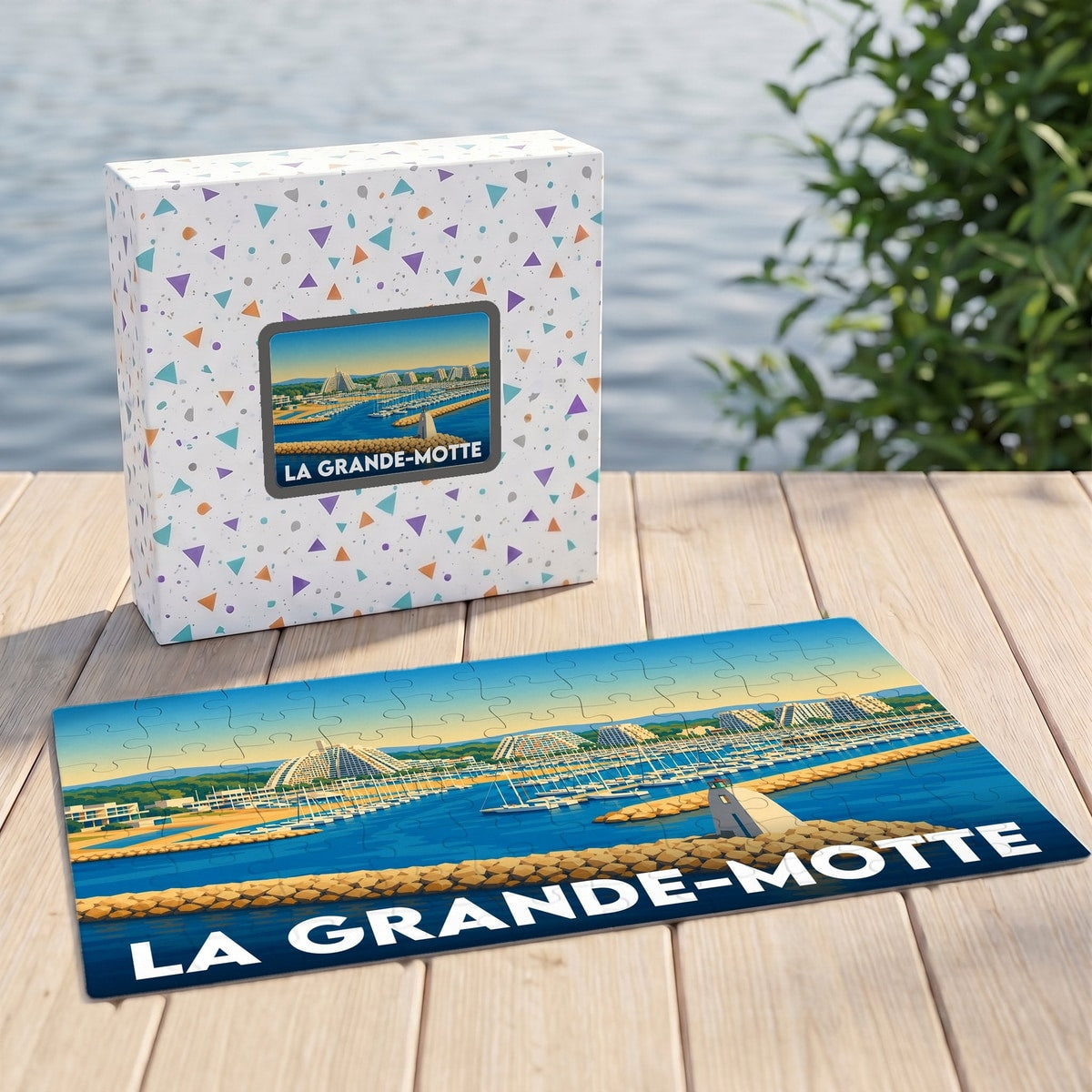 Puzzle souvenir de la ville de La Grande-Motte avec une illustration stylisée de son port et de ses bâtiments emblématiques.