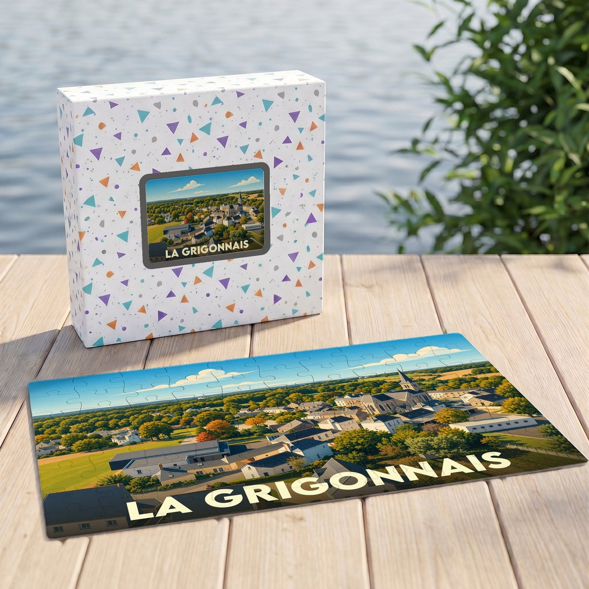 Puzzle souvenir de la ville de La Grigonnais avec une illustration aérienne colorée.
