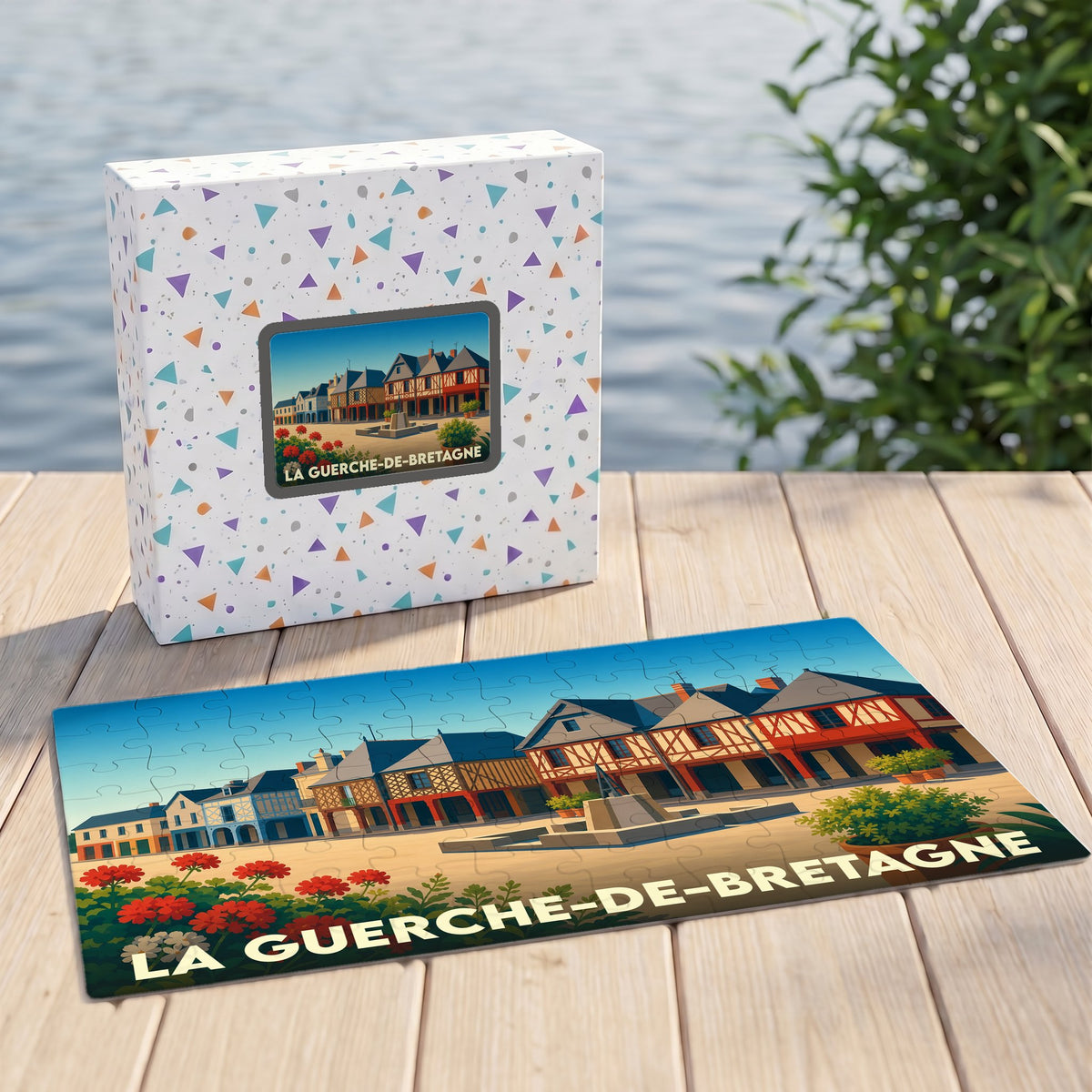 Puzzle souvenir de la ville de La Guerche-de-Bretagne avec une illustration stylisée de ses maisons à pans de bois.