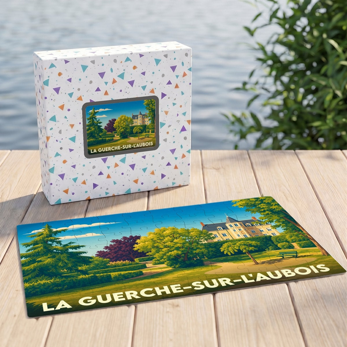 Puzzle souvenir de la ville de La Guerche-sur-l'Aubois avec une illustration stylisée de son patrimoine.