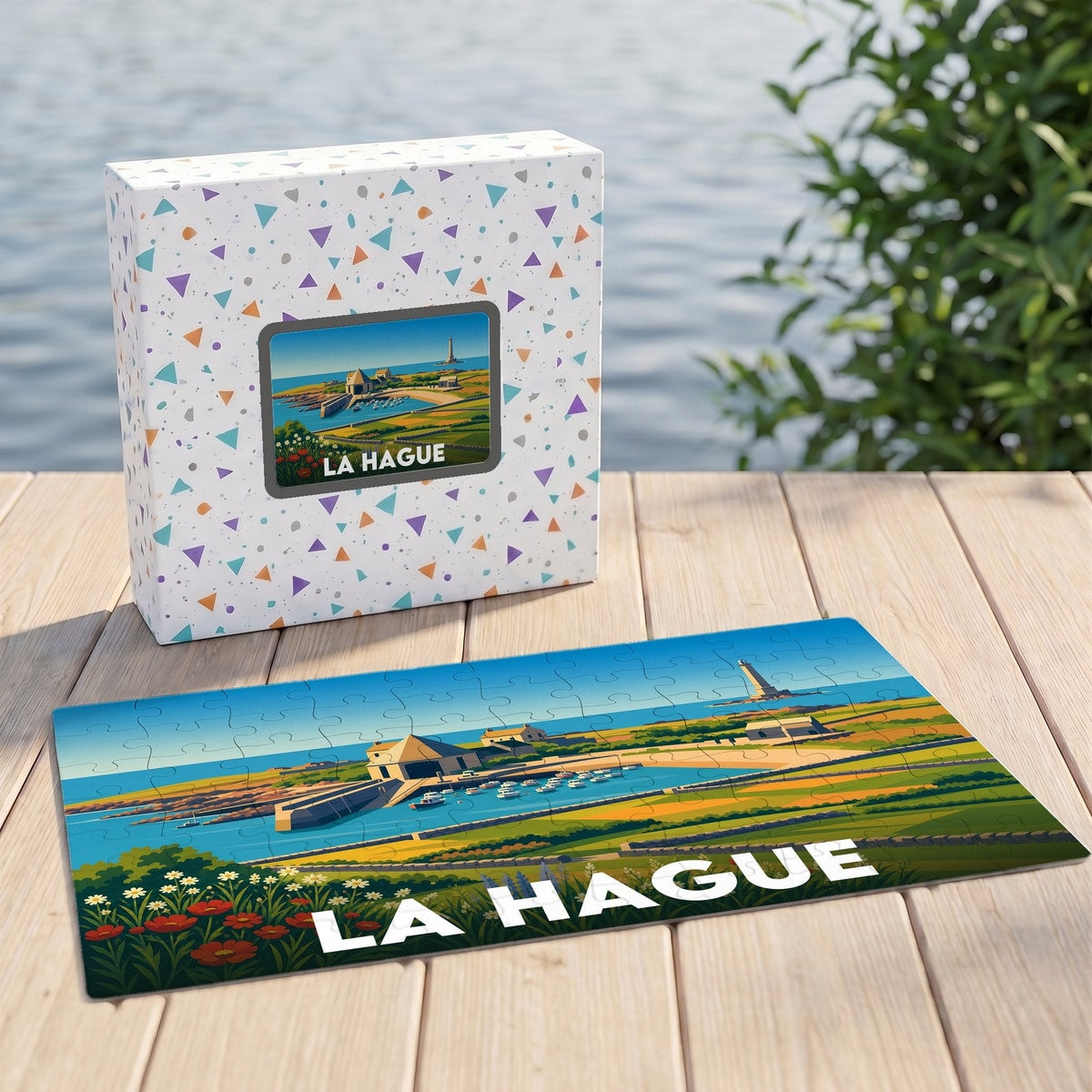 Puzzle souvenir de la ville de La Hague présentant une illustration stylisée du littoral et de son phare.