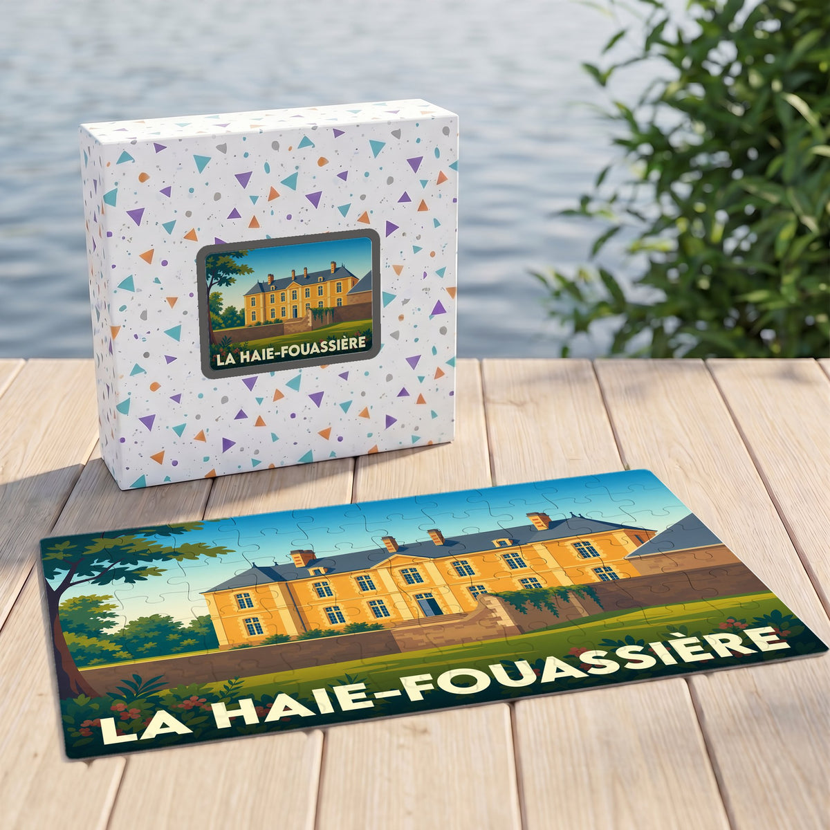 Puzzle souvenir de la ville de La Haie-Fouassière illustrant un château jaune dans un style graphique épuré.