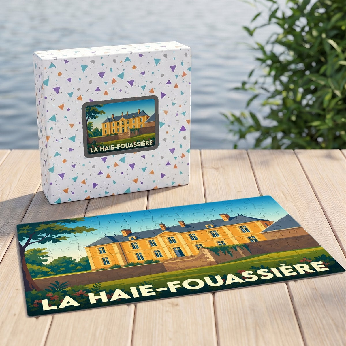 Puzzle souvenir de la commune de La Haie-Fouassière illustrant un château de style classique.