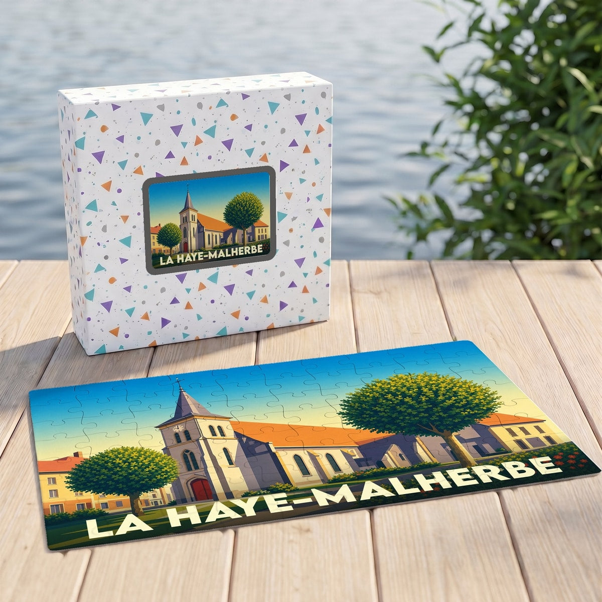 Puzzle souvenir de la ville de La Haye-Malherbe avec une illustration stylisée de son église.