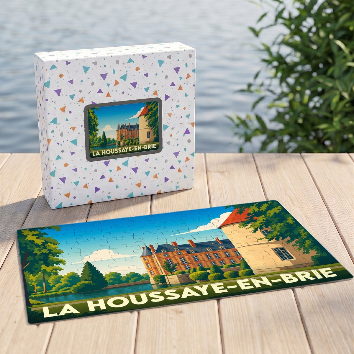 Puzzle souvenir de la ville de La Houssaye-en-Brie avec une illustration stylisée de son château.