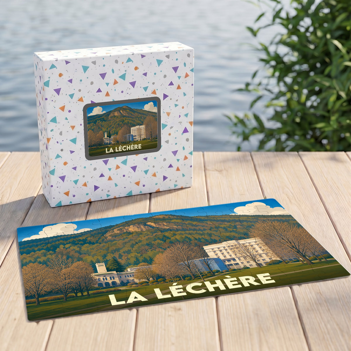 Puzzle souvenir de la ville de La Léchère avec une illustration stylisée de son paysage thermal.