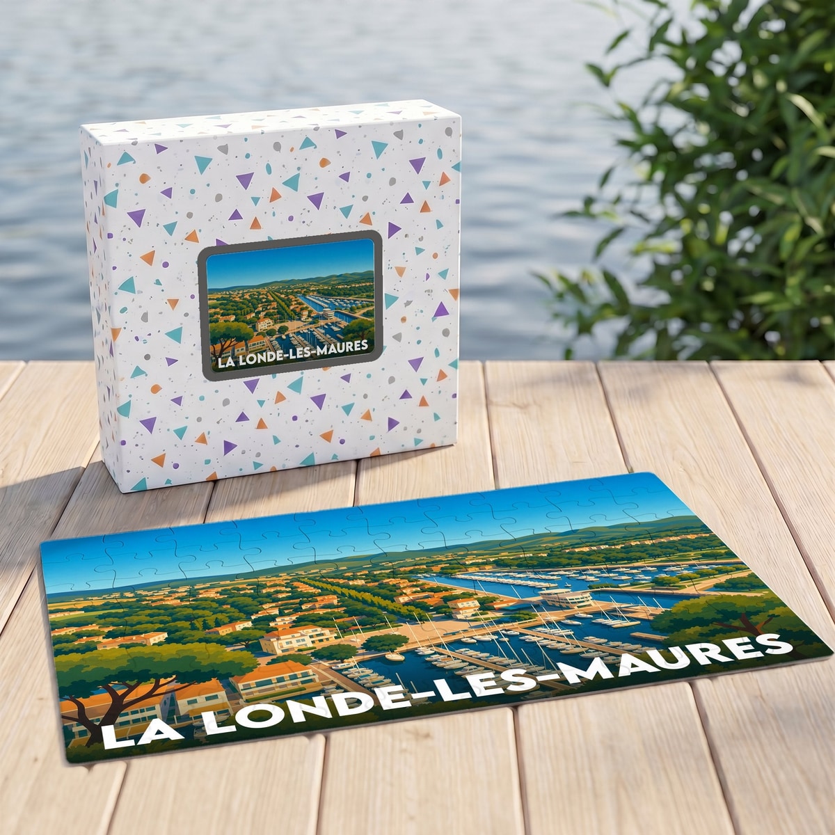 Puzzle souvenir de la ville de La Londe-les-Maures avec une illustration stylisée du port et de ses environs.