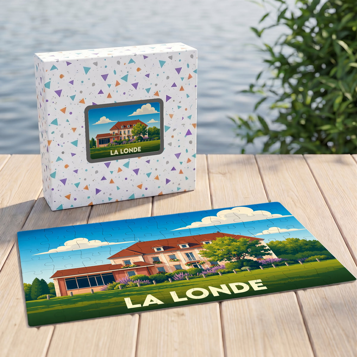 Puzzle souvenir de la ville de La Londe représentant une grande demeure provençale dans un style illustration.