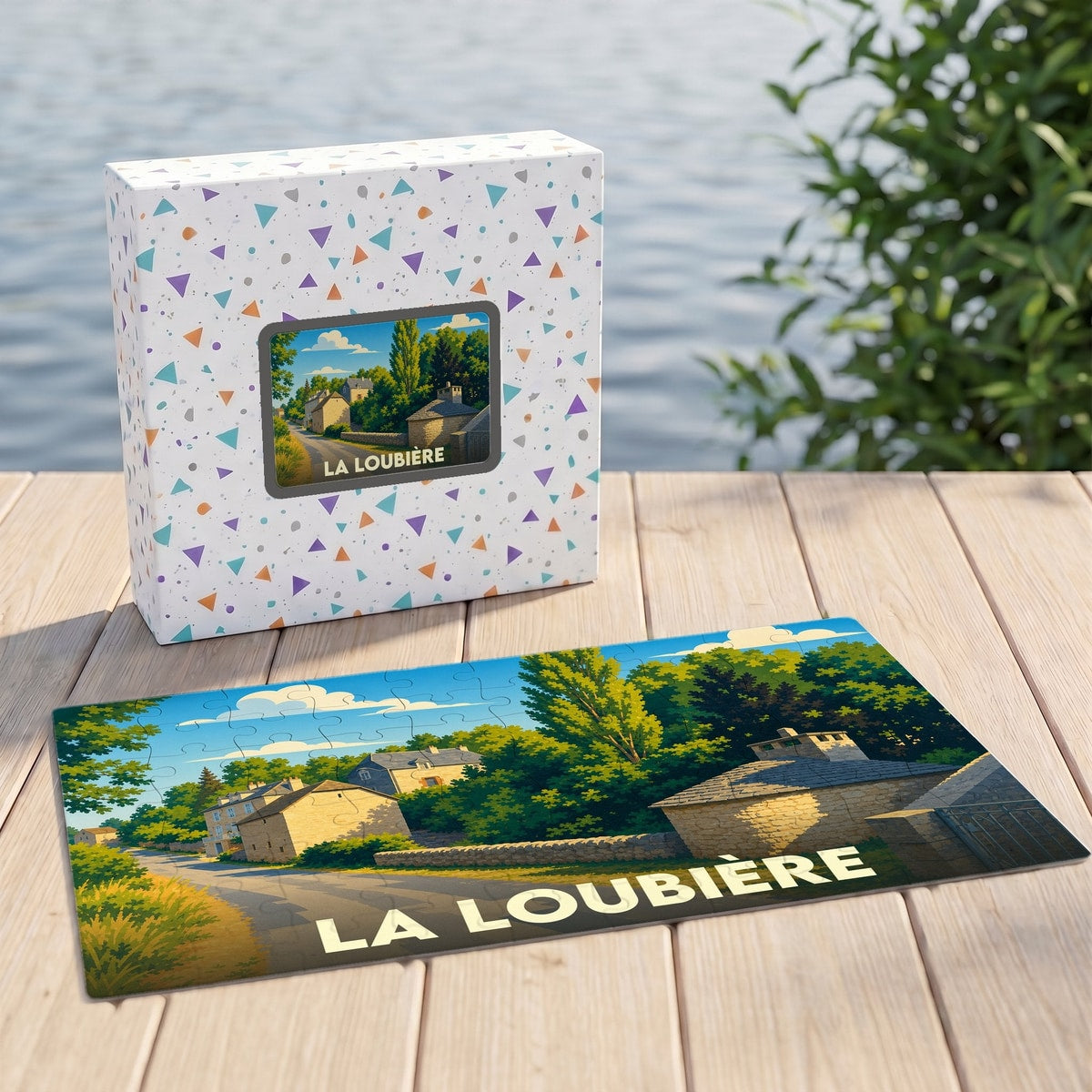 Puzzle souvenir de la ville de La Loubière avec une illustration stylisée d'un paysage rural.
