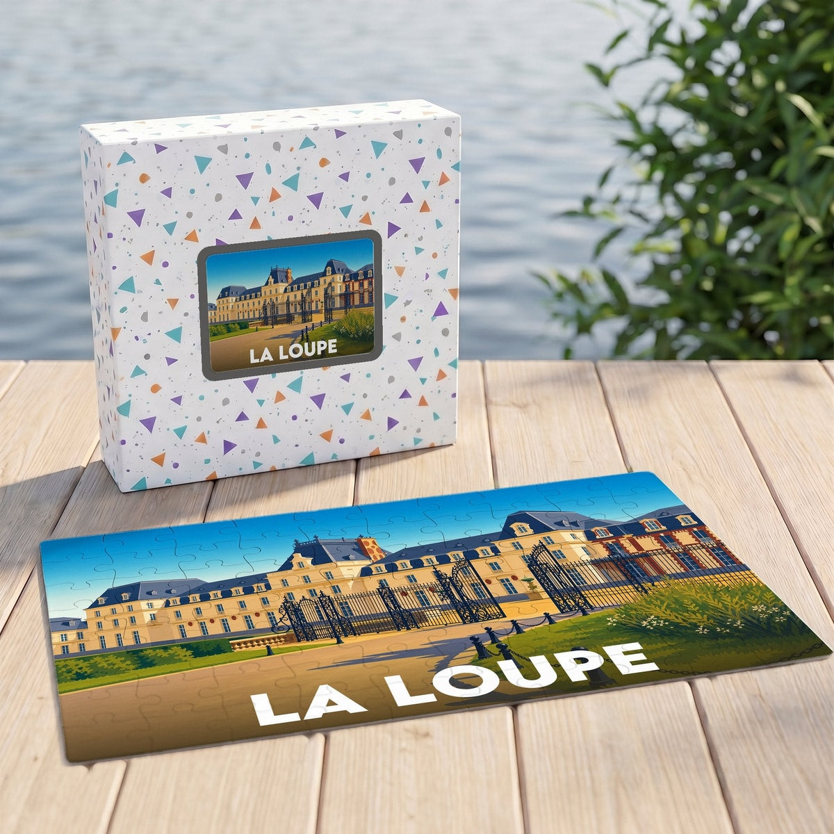 Puzzle souvenir de la ville de La Loupe illustré d'un château et présenté dans sa boîte assortie.