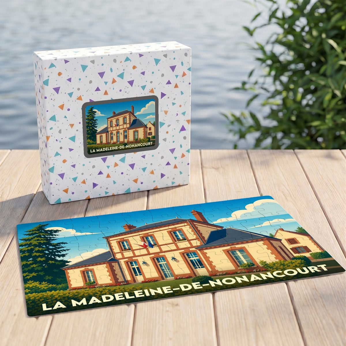 Puzzle souvenir de la ville de La Madeleine-de-Nonancourt avec une illustration stylisée de sa mairie.