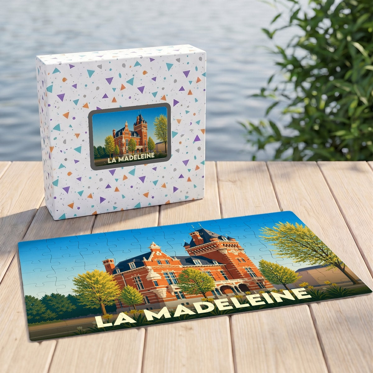 Puzzle souvenir de la ville de La Madeleine avec une illustration stylisée de l'hôtel de ville.