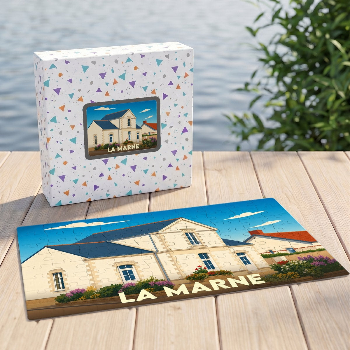 Puzzle souvenir de la ville de La Marne avec une illustration stylisée de sa mairie.