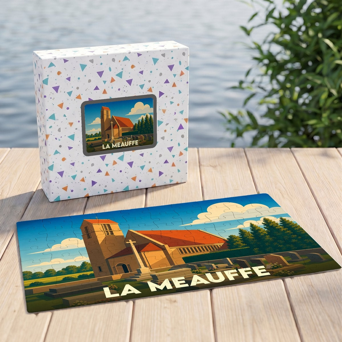 Puzzle souvenir de la ville de La Meauffe illustrant son église dans un style graphique épuré.