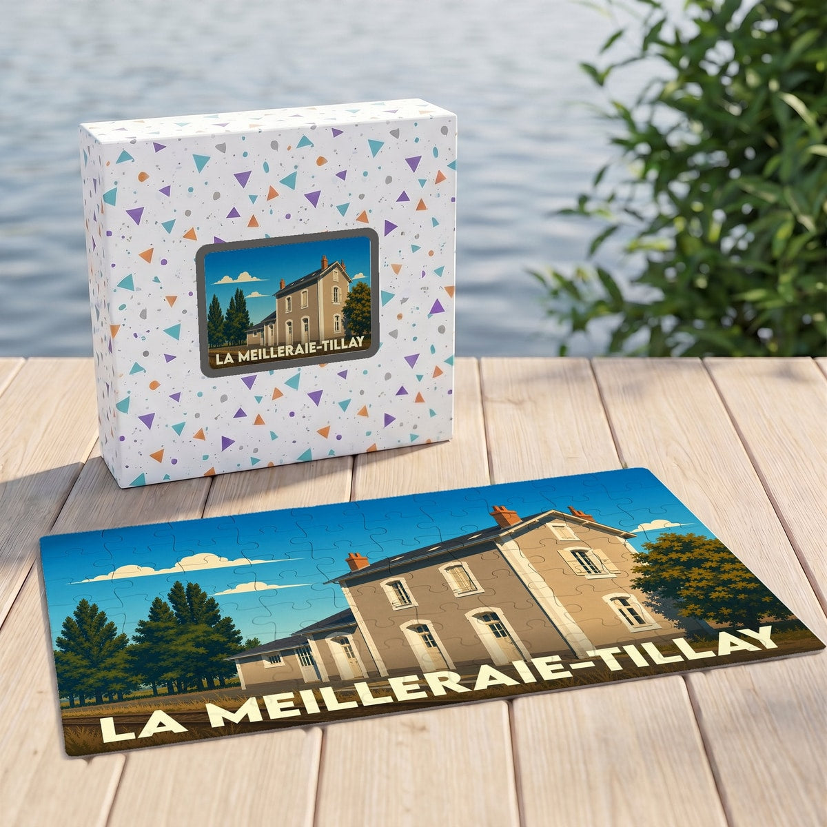 Puzzle souvenir de la ville de La Meilleraie-Tillay avec son emballage et une illustration stylisée d'un bâtiment local.