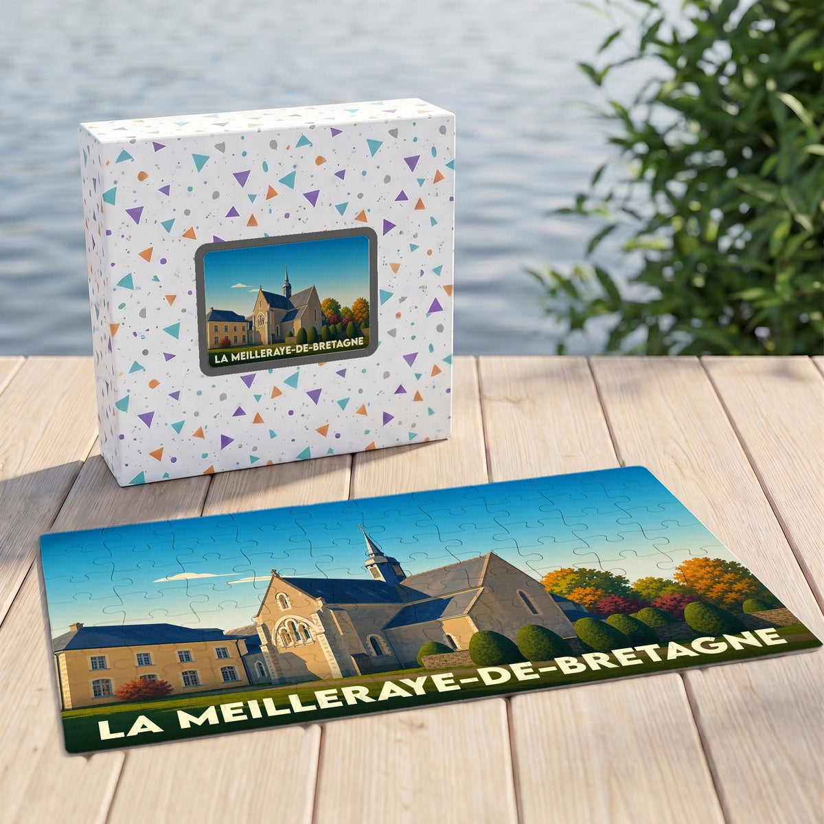 Puzzle souvenir de la ville de La Meilleraye-de-Bretagne avec une illustration stylisée de son église et son coffret assorti.