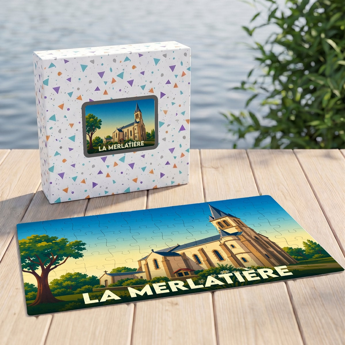 Puzzle souvenir de la ville de La Merlatière avec une illustration stylisée de son église.