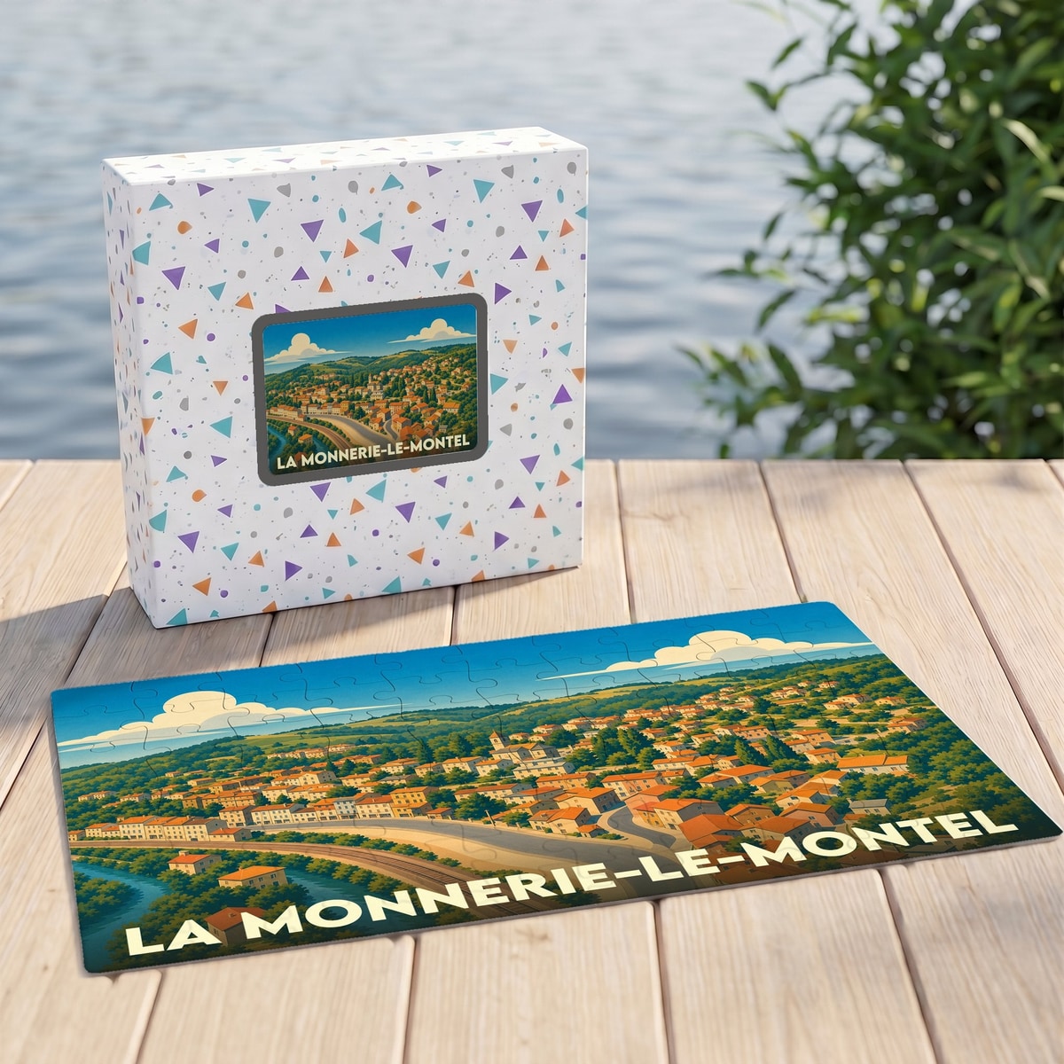 Puzzle souvenir de la ville de La Monnerie-le-Montel avec une illustration stylisée de son paysage urbain.