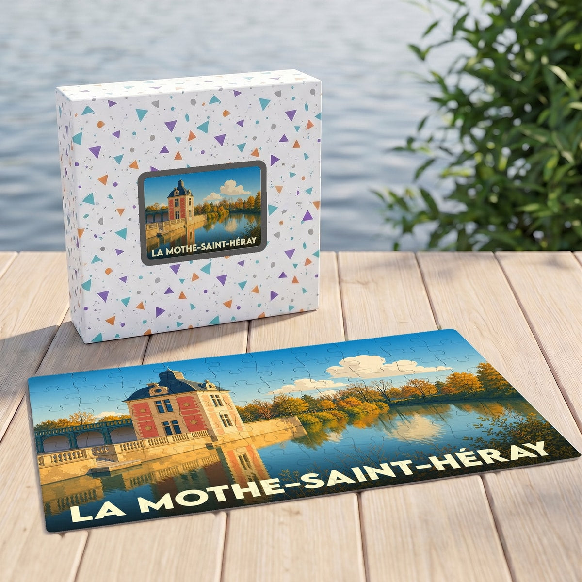 Puzzle souvenir de la ville de La Mothe-Saint-Héray avec une illustration stylisée d'un château au bord de l'eau.
