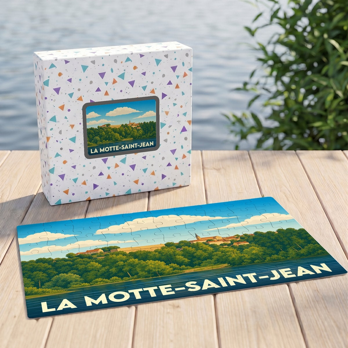 Puzzle souvenir de la ville de La Motte-Saint-Jean avec une illustration paysagère stylisée.