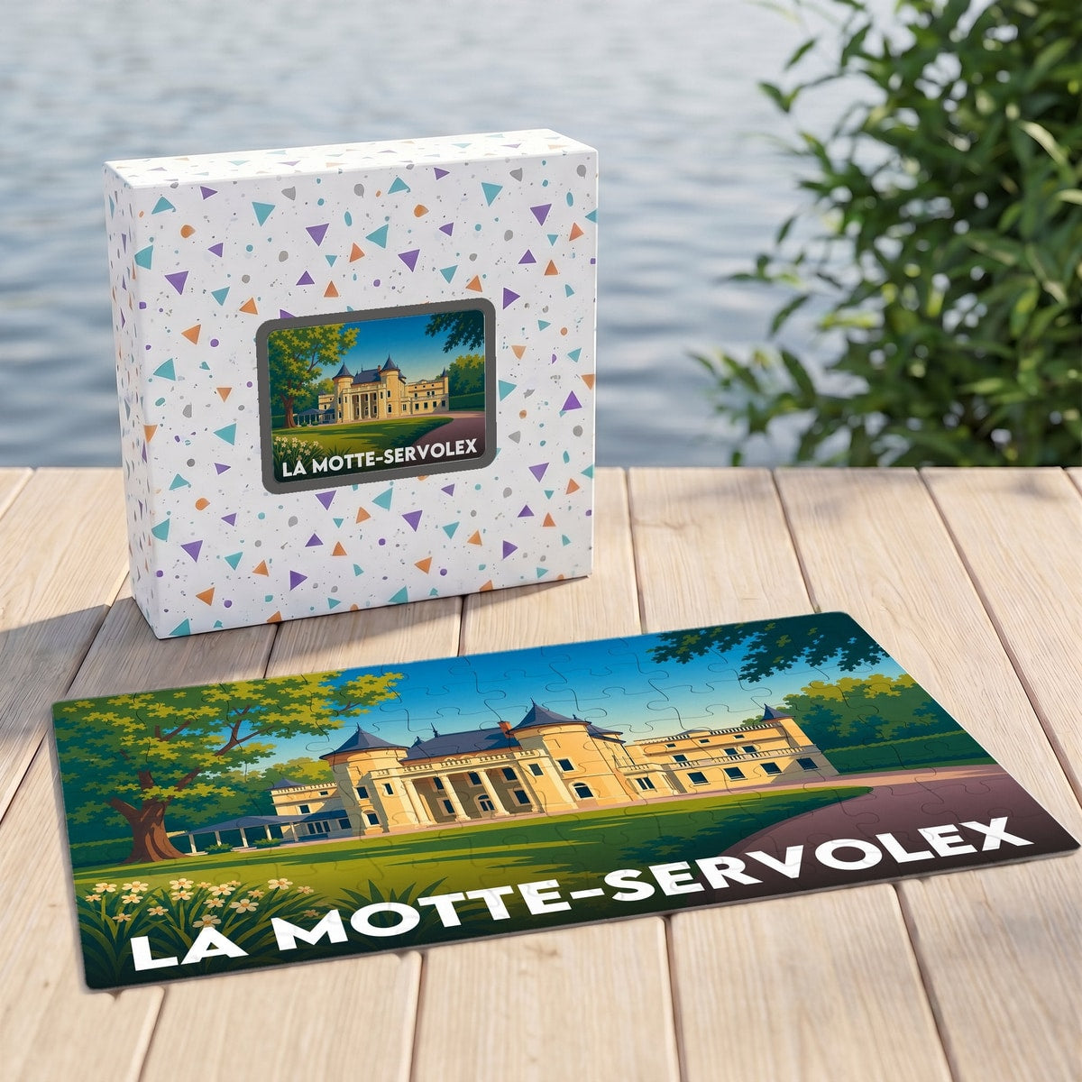 Puzzle souvenir de la ville de La Motte-Servolex avec une illustration stylisée d'un château.