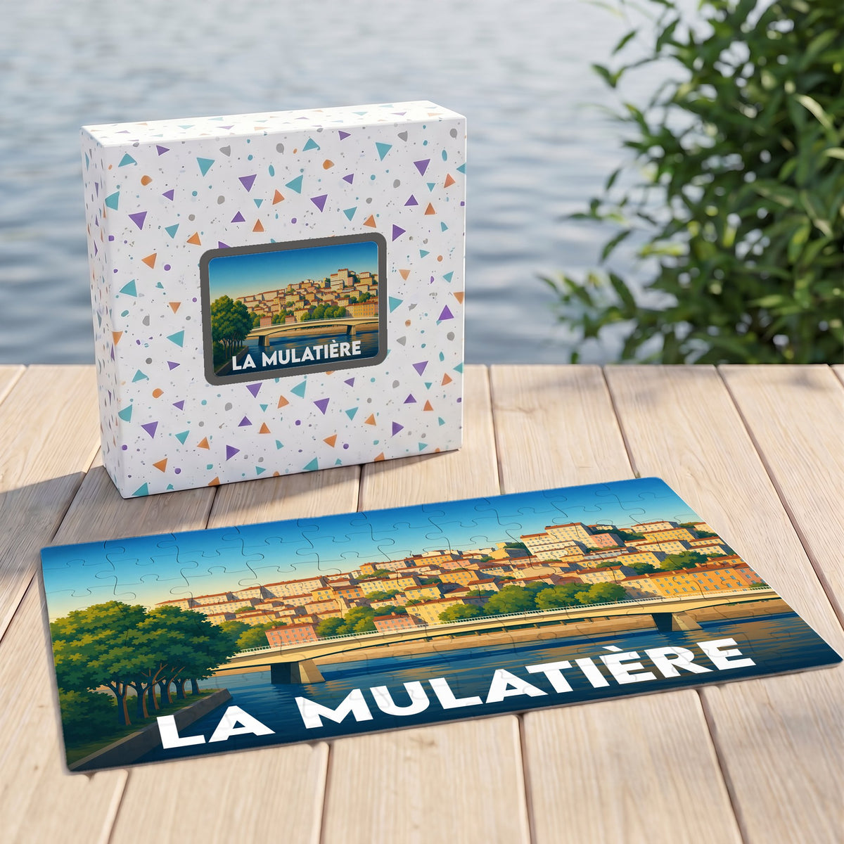Puzzle souvenir de la ville de La Mulatière avec une illustration stylisée.