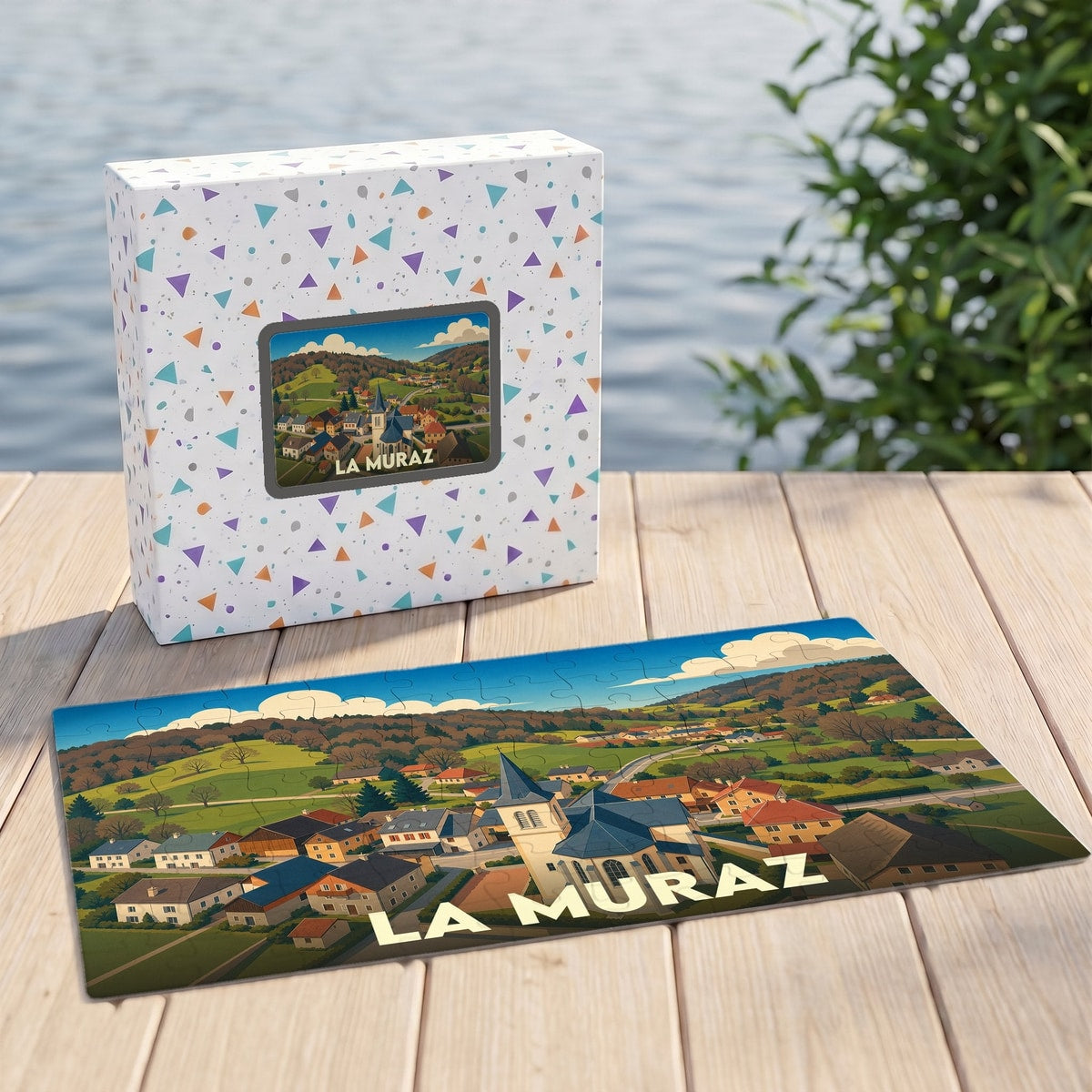 Puzzle souvenir de la ville de La Muraz avec une illustration stylisée.