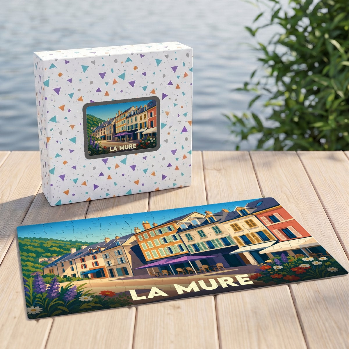 Puzzle souvenir de la ville de La Mure avec une illustration stylisée d'une rue colorée.
