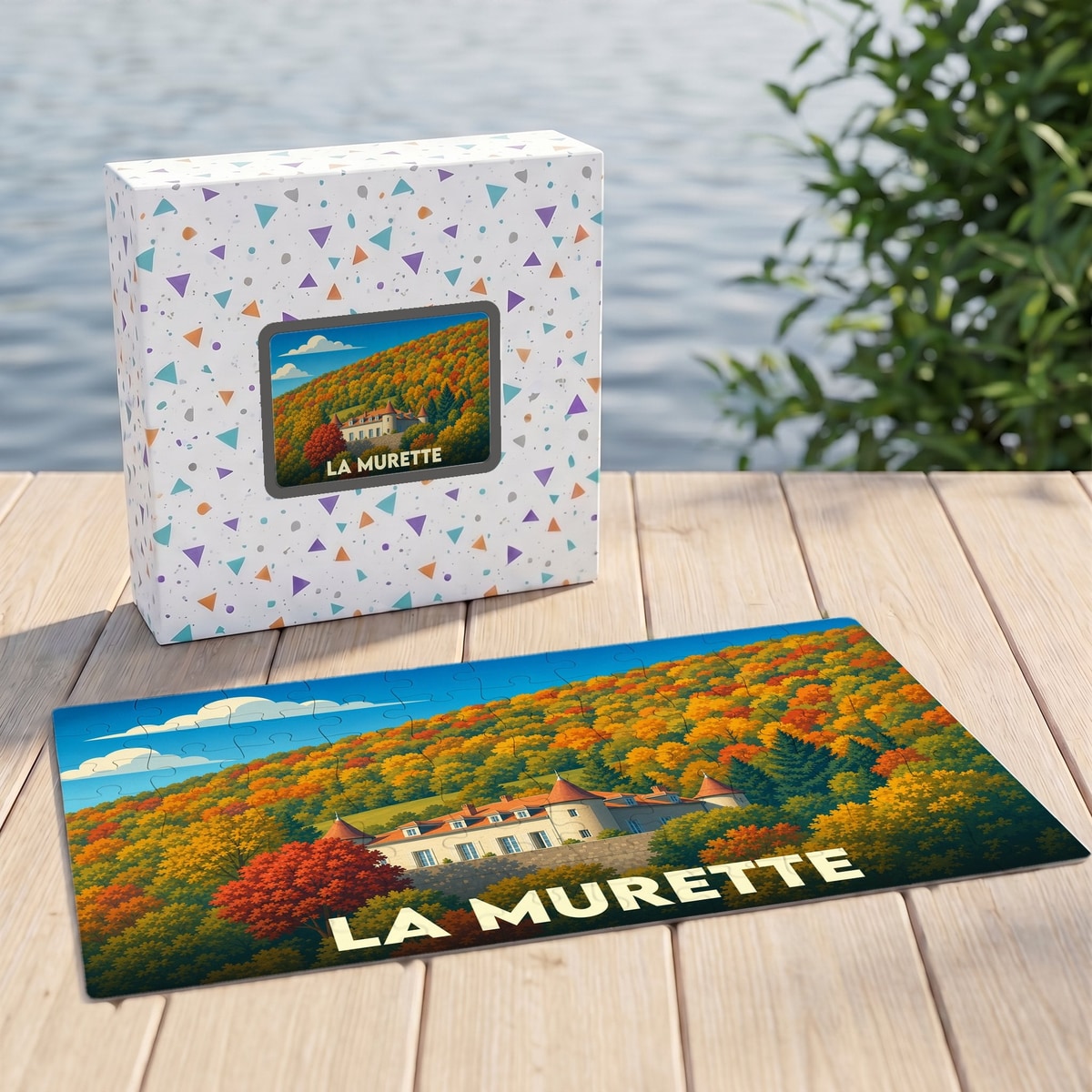 Puzzle souvenir de la ville de La Murette représentant une bâtisse nichée dans une forêt d'automne.