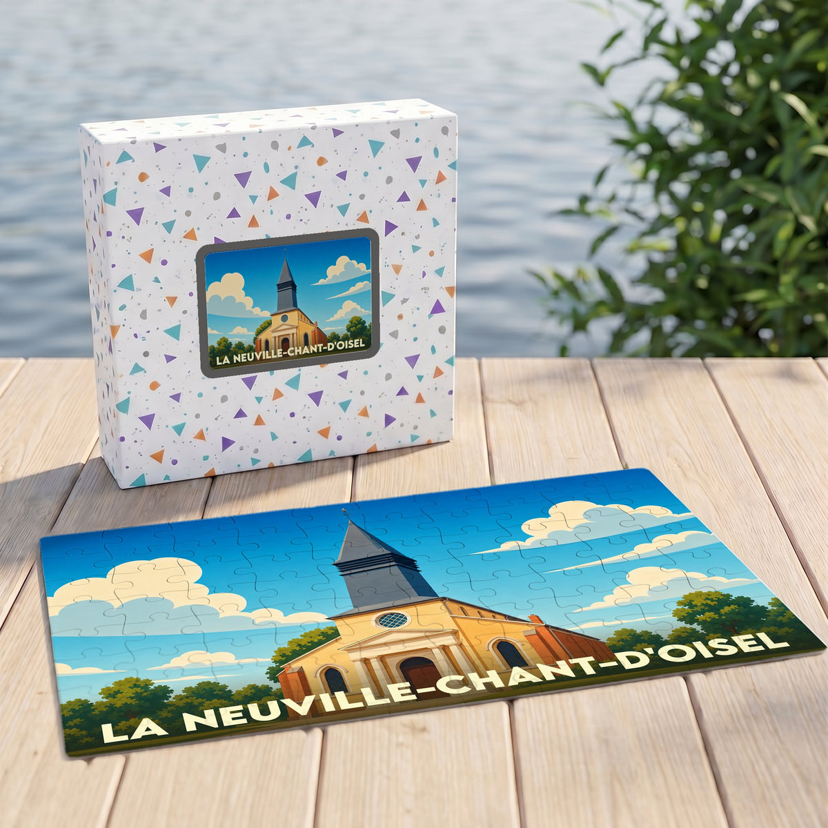 Puzzle souvenir de la ville de La Neuville-Chant-d'Oisel avec une illustration stylisée de son église.