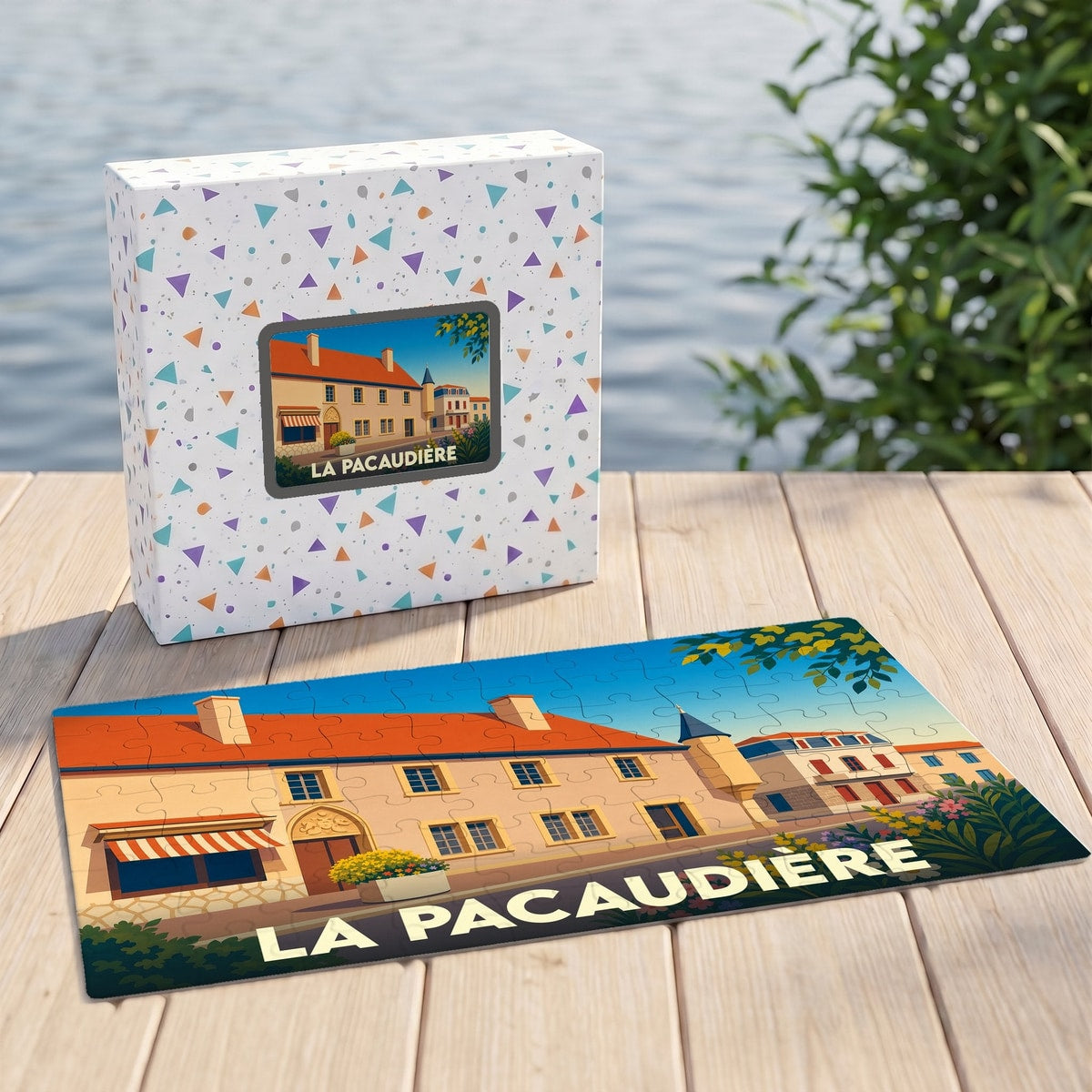 Puzzle souvenir de la ville de La Pacaudière avec une illustration stylisée et colorée.