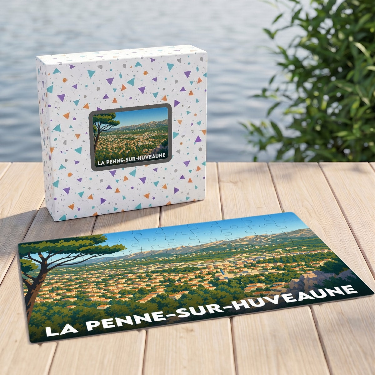 Puzzle souvenir de la ville de La Penne-sur-Huveaune avec une illustration panoramique stylisée.