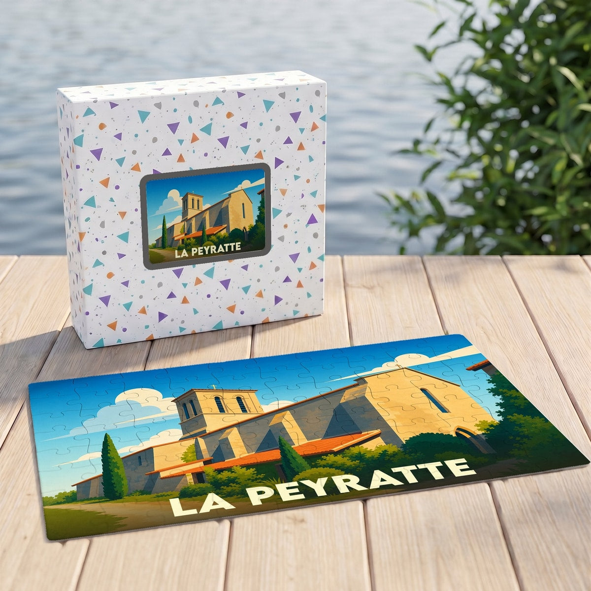 Puzzle souvenir de la ville de La Peyratte représentant une église dans un style illustré.
