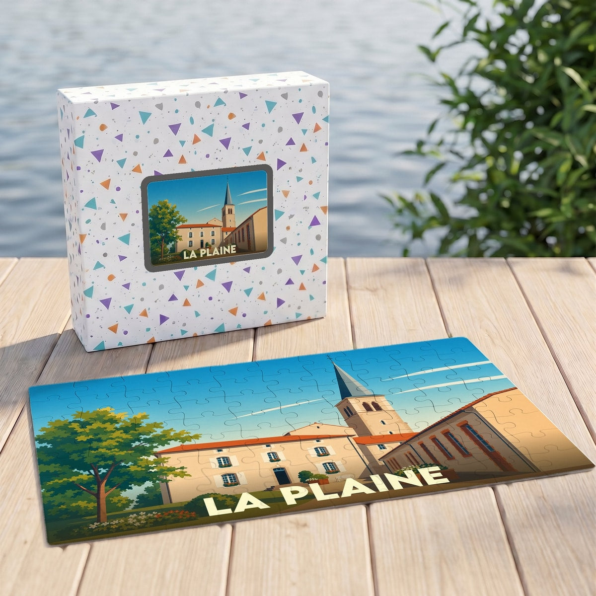 Puzzle souvenir de la ville de La Plaine avec une illustration stylisée.