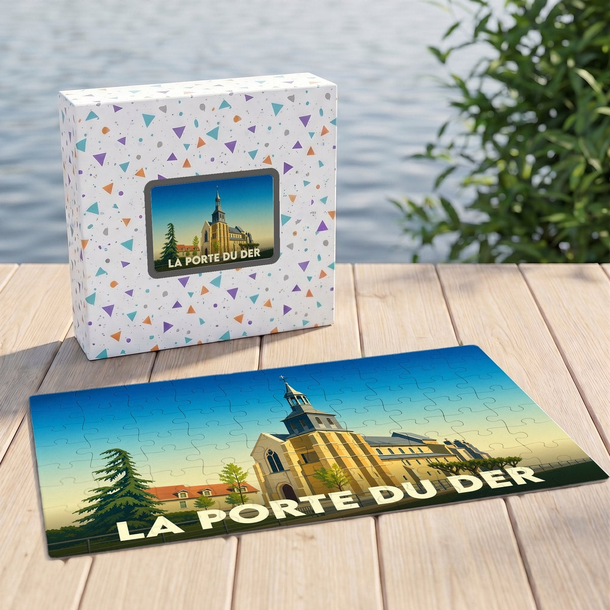 Puzzle souvenir de la ville de La Porte du Der illustrant son église avec un style graphique épuré.