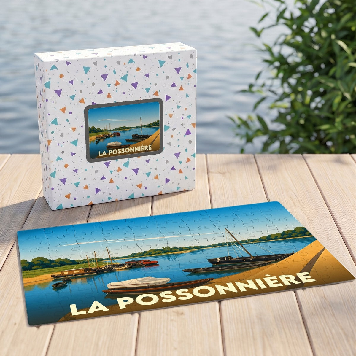 Puzzle souvenir de la ville de La Possonnière illustré par une scène de bateaux sur la Loire.
