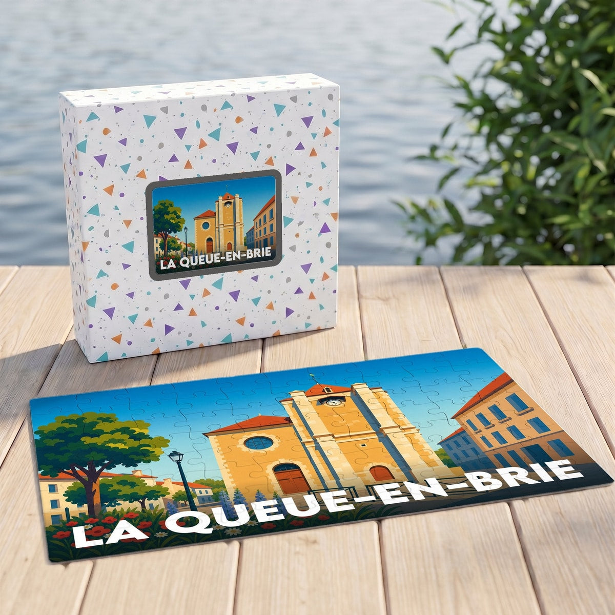 Puzzle souvenir de la ville de La Queue-en-Brie avec une illustration stylisée de son église.