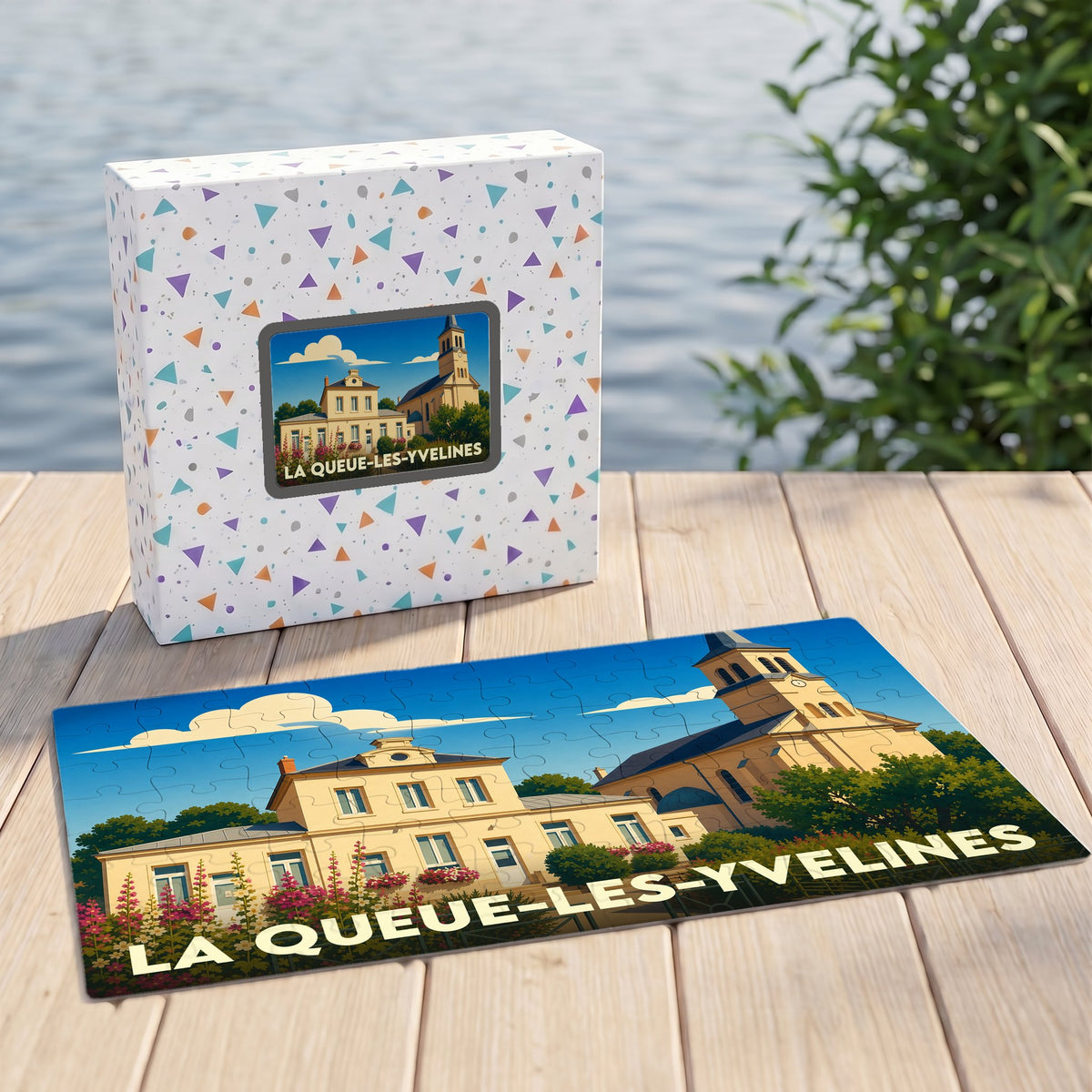 Puzzle souvenir de la ville de La Queue-les-Yvelines avec son illustration stylisée et sa boîte assortie.