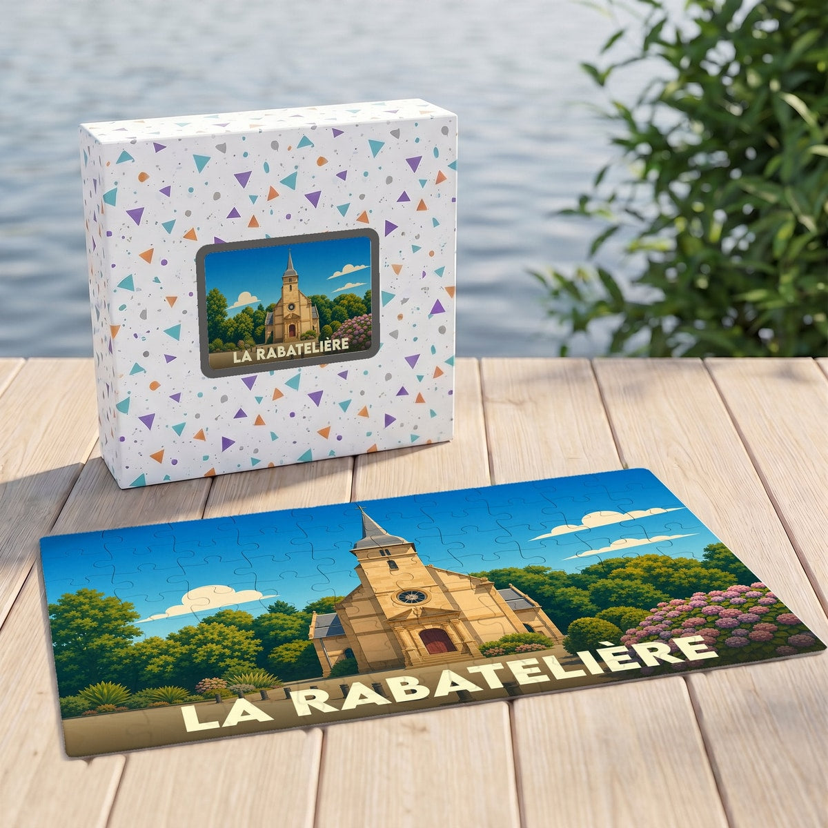 Puzzle souvenir de la commune de La Rabatelière avec une illustration stylisée d'une église.