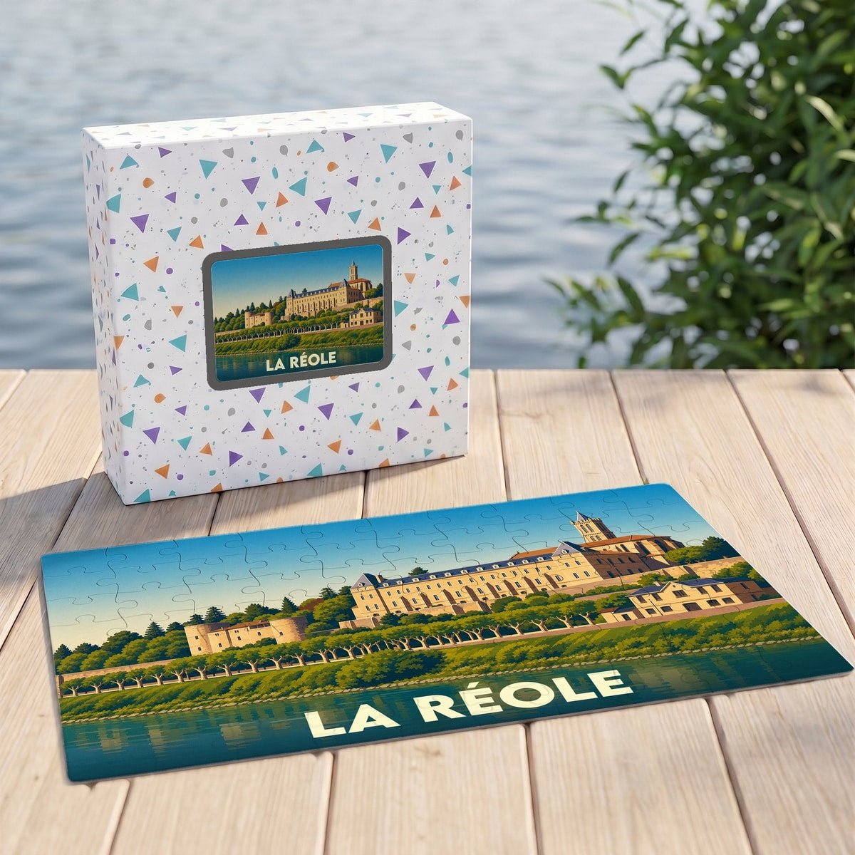 Puzzle souvenir de la ville de La Réole avec une illustration stylisée d'un bâtiment historique au bord de l'eau.