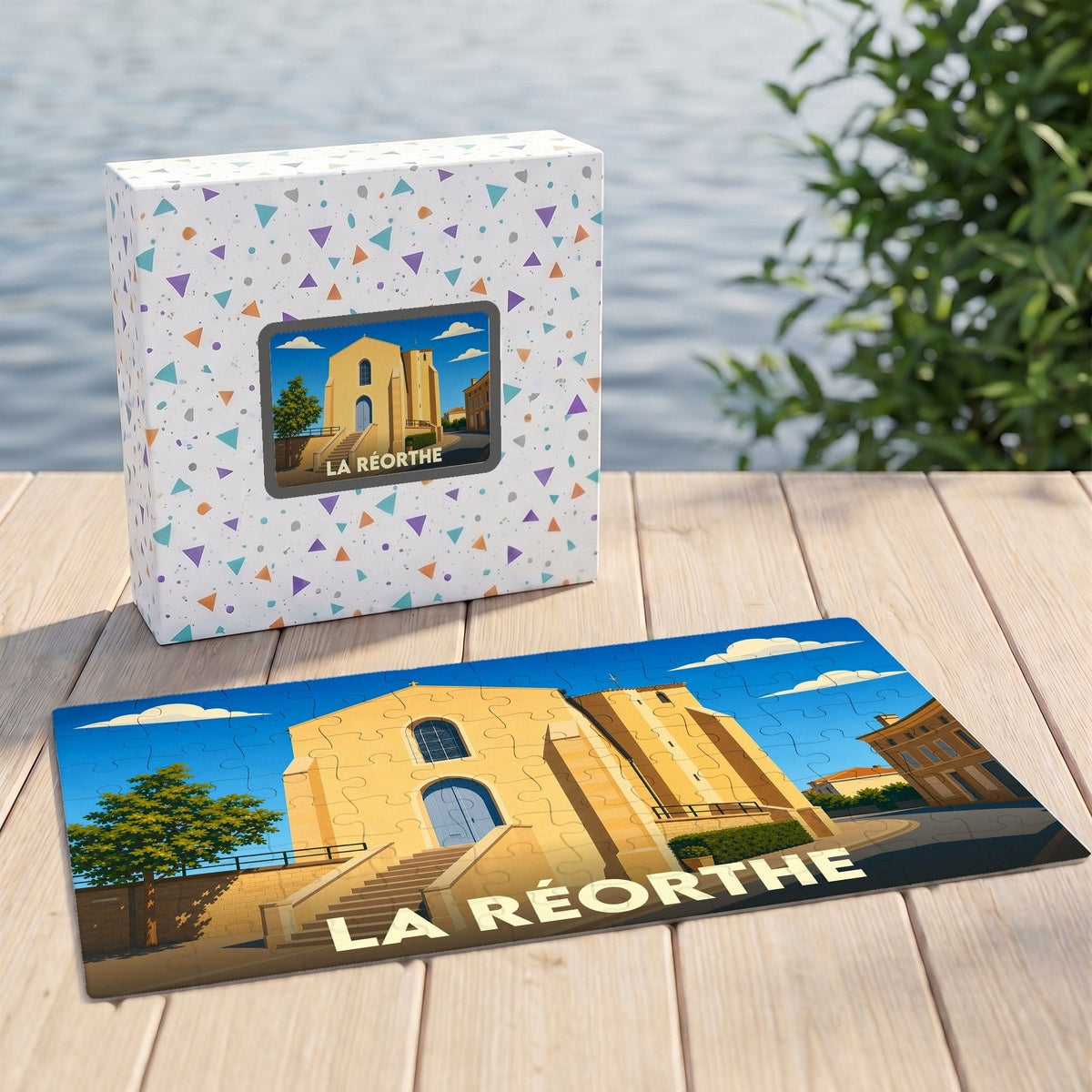 Puzzle souvenir de la ville de La Réorthe avec une illustration stylisée de son église.