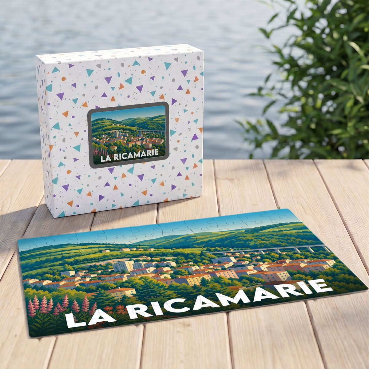 Puzzle souvenir de la ville de La Ricamarie avec une illustration stylisée d'un paysage urbain et verdoyant.